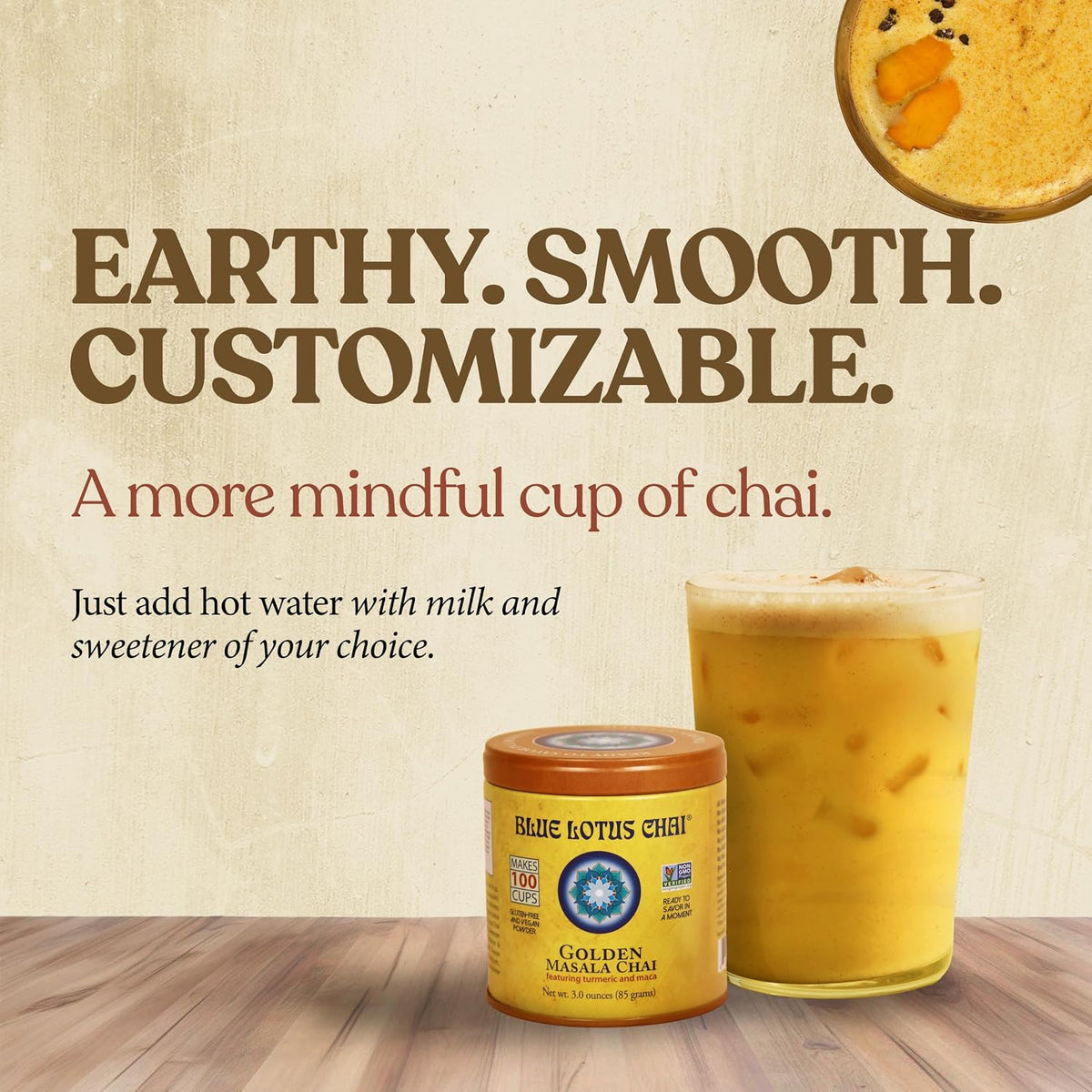 Blue Lotus Chai - Golden Masala Flavor Chai - Makes 100 Cups - 3 Ounce Masala Spiced Chai Powder with Organic Spices - Instant Indian Tea No Steeping - No Gluten