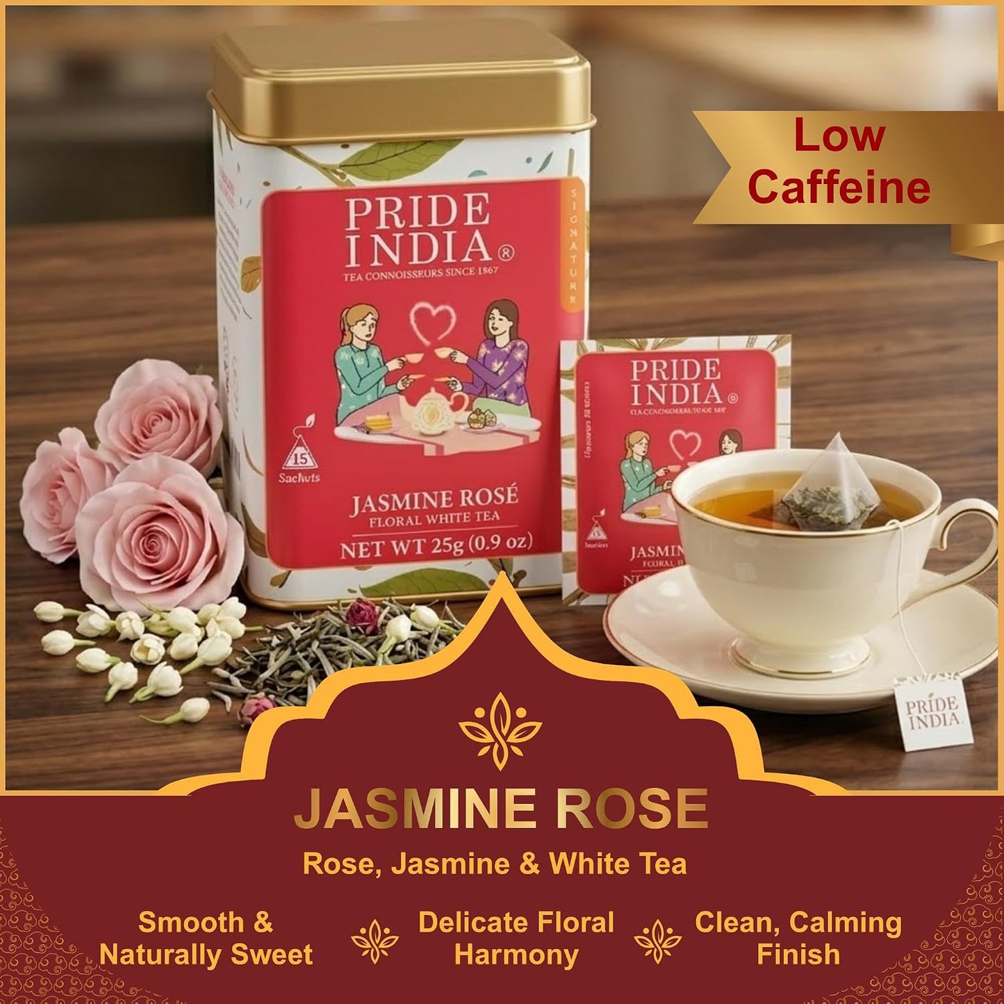 Pride of India Jasmine Rose Floral White Tea – 90 Pyramid Tea Bags (6 PACK) | Individually Wrapped Full Leaf White Tea with Rose &amp; Jasmine | Sweet Flavor Low Caffeine Tea for Smooth Calming Experience