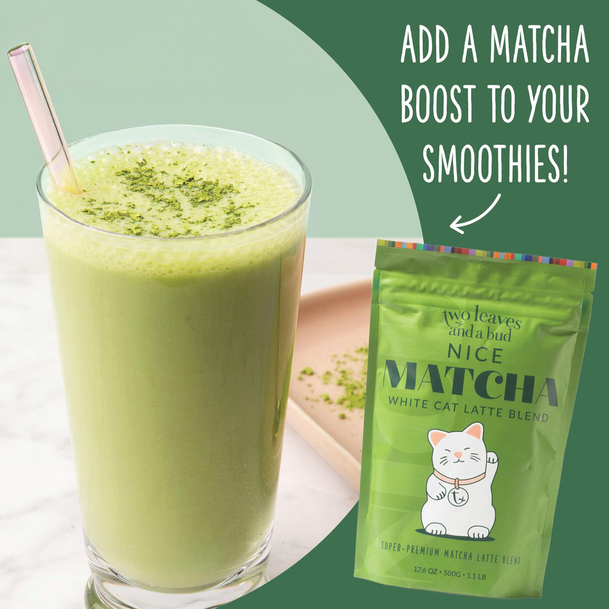 Two Leaves and a Bud Nice Matcha Sweetened Latte Blend, 1.1lb (500g)