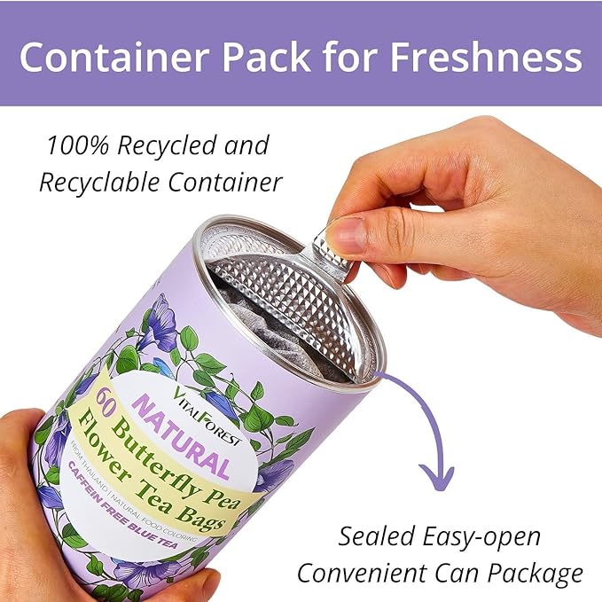 60 Dried Butterfly Pea Flower Tea Bags, VitalForest Butterfly Blue Pea Flower Tea, Premium Caffeine Free, Non-GMO, for Cooking, Iced Tea, Coolers