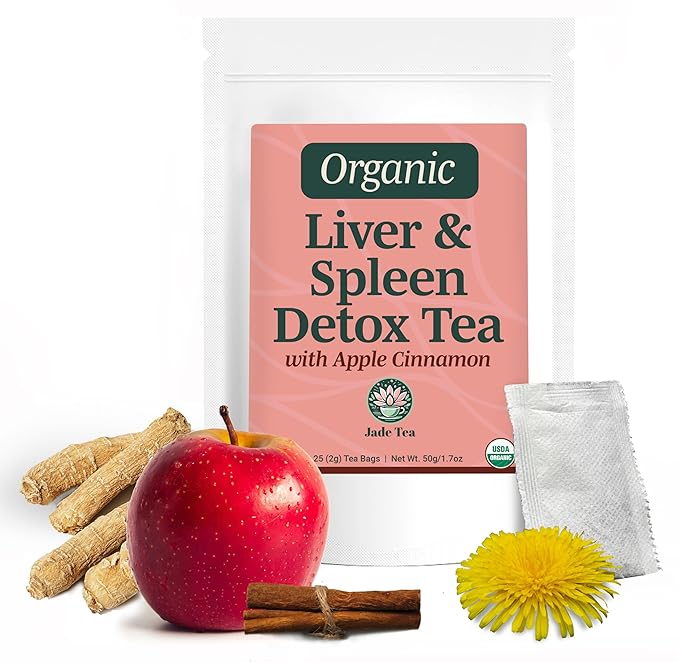 Jade Tea - Organic Liver & Spleen Herbal Tea - Organic Dandelion Root Tea, Burdock Root, Ginger Root & Orange Peel - Apple Cinnamon Flavor