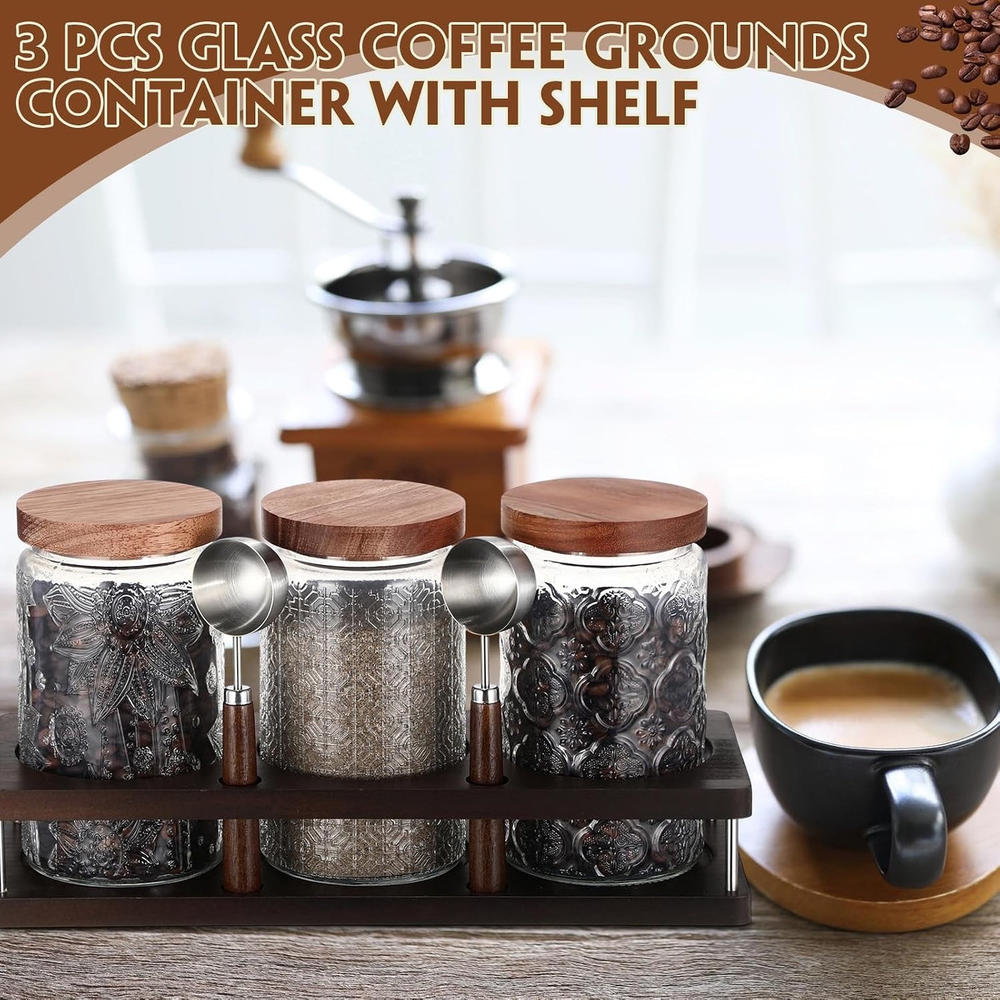 Suclain 3 Pcs Glass Coffee Bean Container 44 oz Airtight Coffee Canister with Shelf Measuring Spoon Kitchen Food Canister Jar for Sugar Candy(34 oz,Patterned Style,Wood, Glass, Stainless Steel)