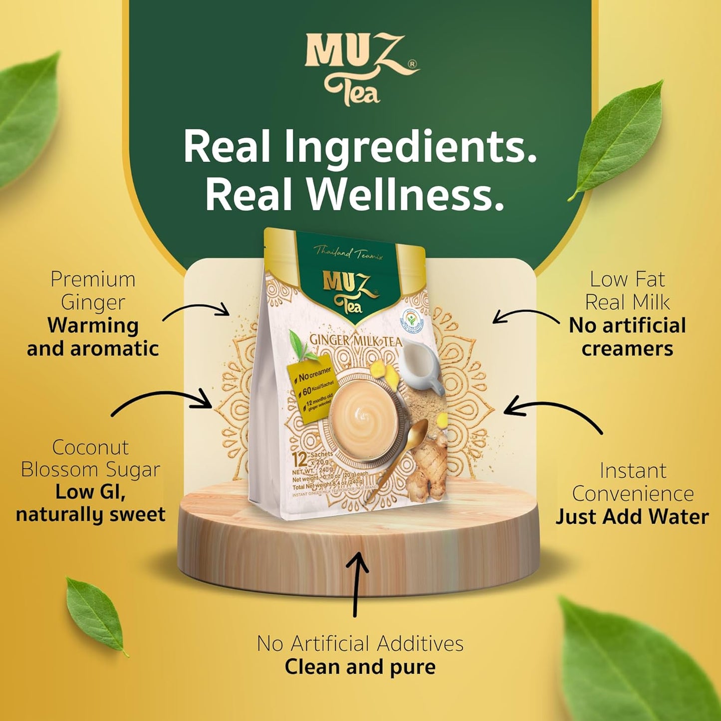 MUZ Tea Premium Instant Ginger Tea with Real Milk, Coconut Blossom Sugar & Ginger Powder, Low GI, No Creamers, 75 Calories, Thai Milk Tea Powder Mix – 12 Sachets, Just Add Water