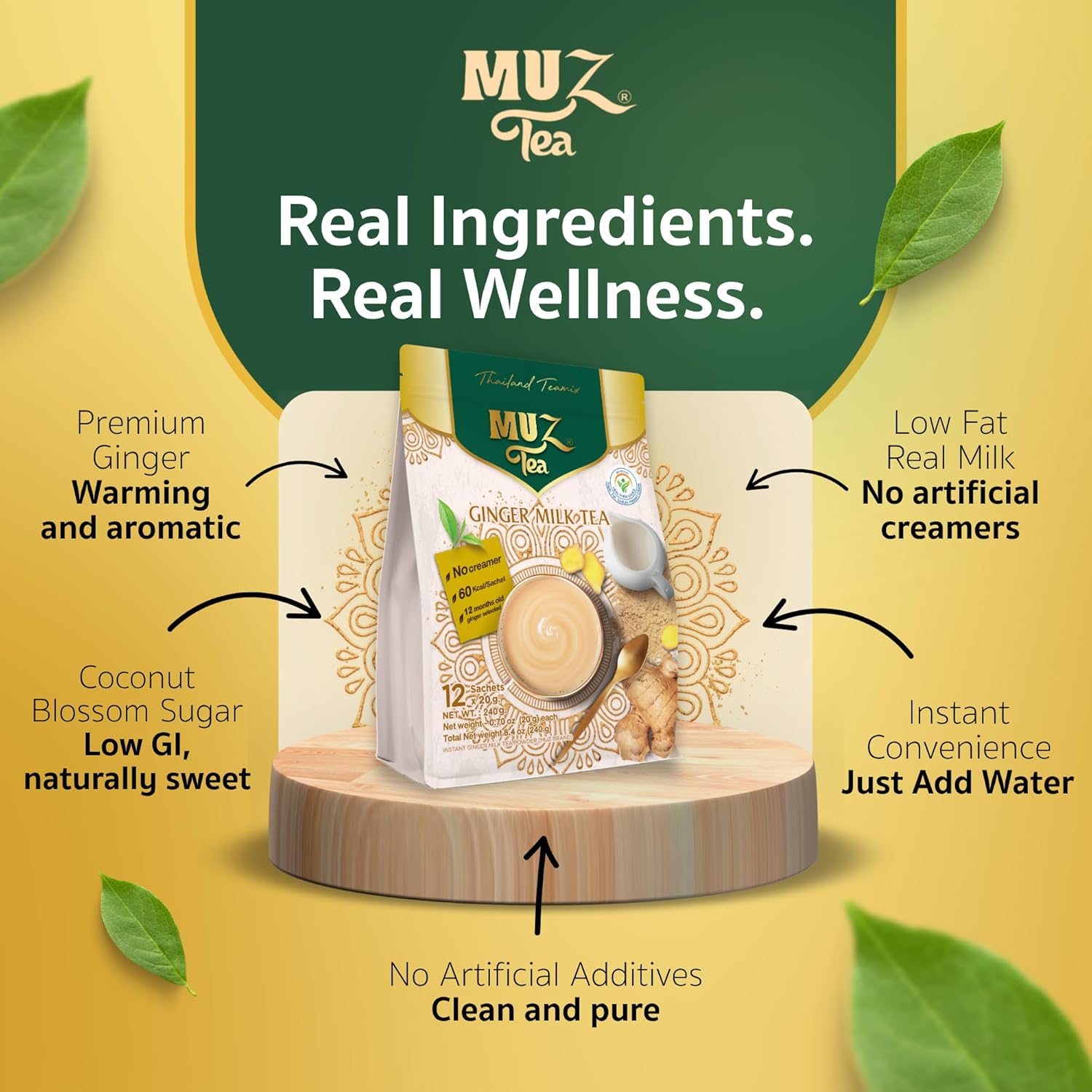 MUZ Tea Premium Instant Ginger Tea with Real Milk, Coconut Blossom Sugar & Ginger Powder, Low GI, No Creamers, 75 Calories, Thai Milk Tea Powder Mix – 12 Sachets, Just Add Water