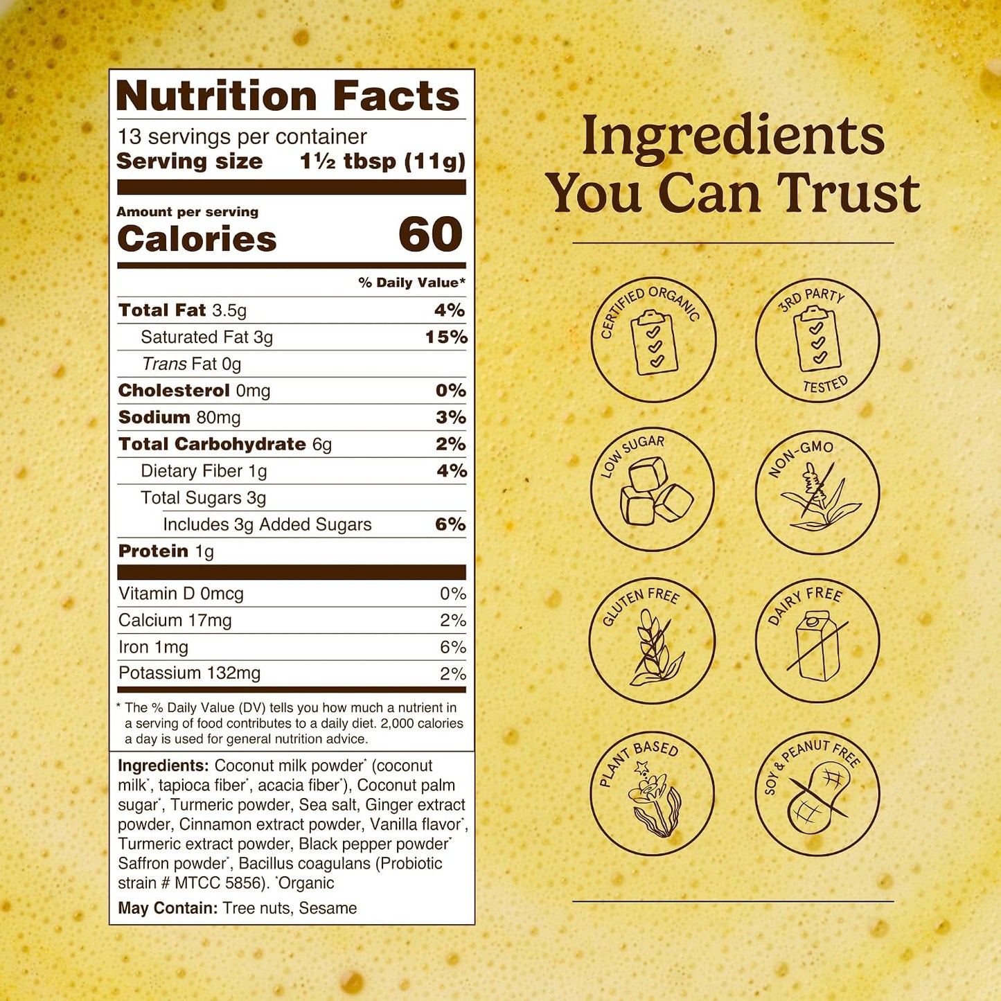 Organic Traditions Turmeric Golden Milk Latte Powder, Coconut Milk, 5.3oz | Coconut Milk with Ginger, Cinnamon, and Saffron, Lightly Sweetened Instant Drink, Includes Probiotics, Vegan Dairy Free Mix
