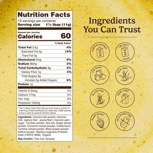 Organic Traditions Turmeric Golden Milk Latte Powder, Coconut Milk, 5.3oz | Coconut Milk with Ginger, Cinnamon, and Saffron, Lightly Sweetened Instant Drink, Includes Probiotics, Vegan Dairy Free Mix