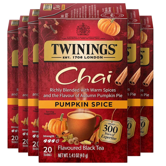 Twinings Pumpkin Spice Chai Black Spicy Tea Bags, 20 CT Box (6 Pack) | Pumpkin Pie Flavour, Cinnamon, Ginger, Allspice, Nutmeg, Clove, Contains Caffeine, 120 Foil Lined Individually Wrapped Bags