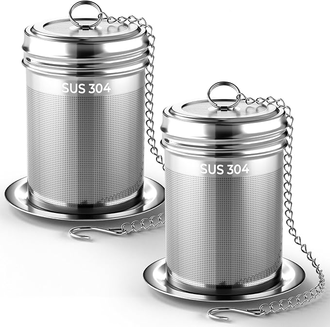 2 Pack Reinmoson Tea Strainers for Loose Tea, 1.58” x 2.2” Extra Fine Mesh Tea Infuser, 304 Stainless Steel & Threaded Lid