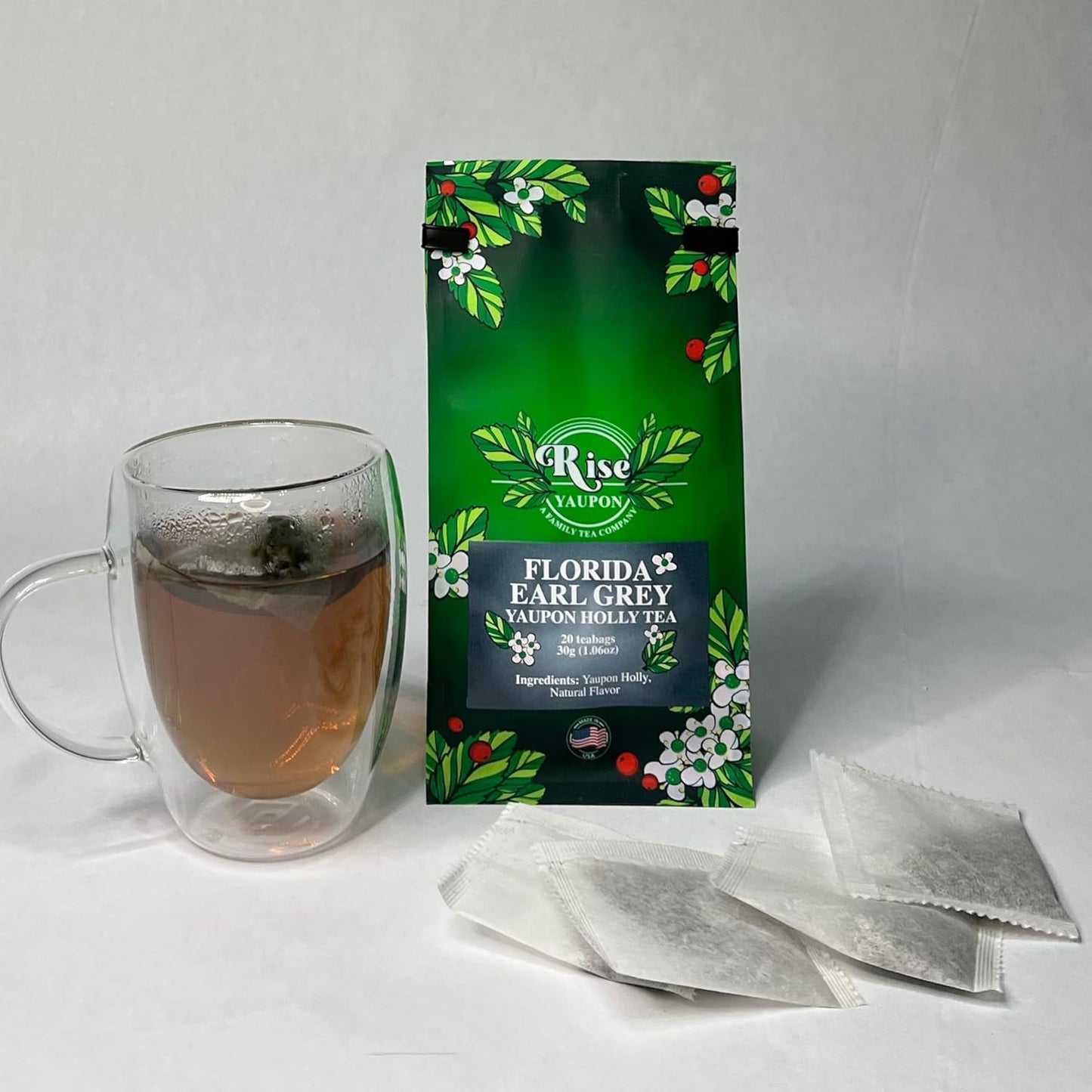 Florida Earl Grey Yaupon Holly Tea; 20 Teabags, 1.06oz, Naturally Caffeinated, Florida-grown Yaupon Holly with Bergamot