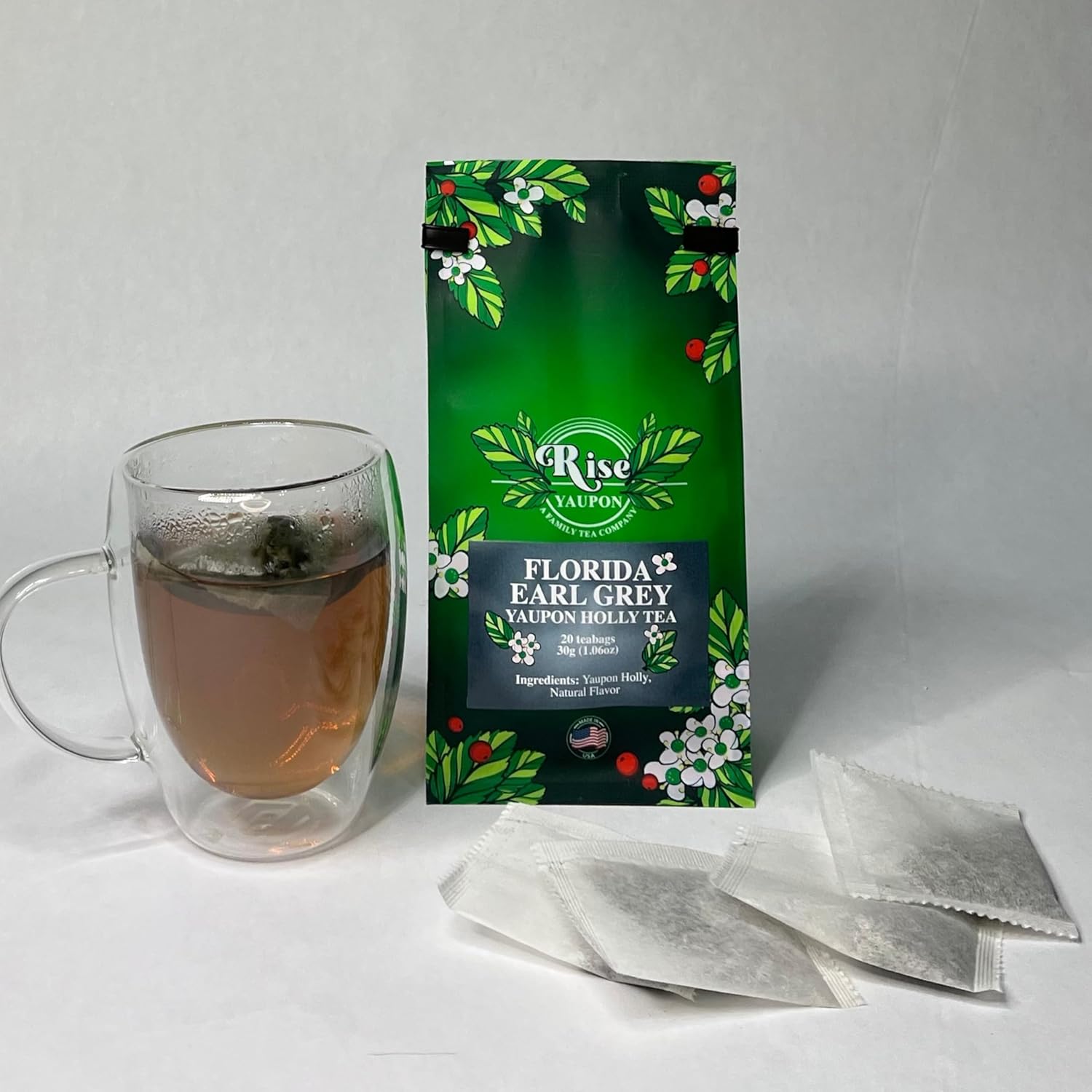 Florida Earl Grey Yaupon Holly Tea; 20 Teabags, 1.06oz, Naturally Caffeinated, Florida-grown Yaupon Holly with Bergamot