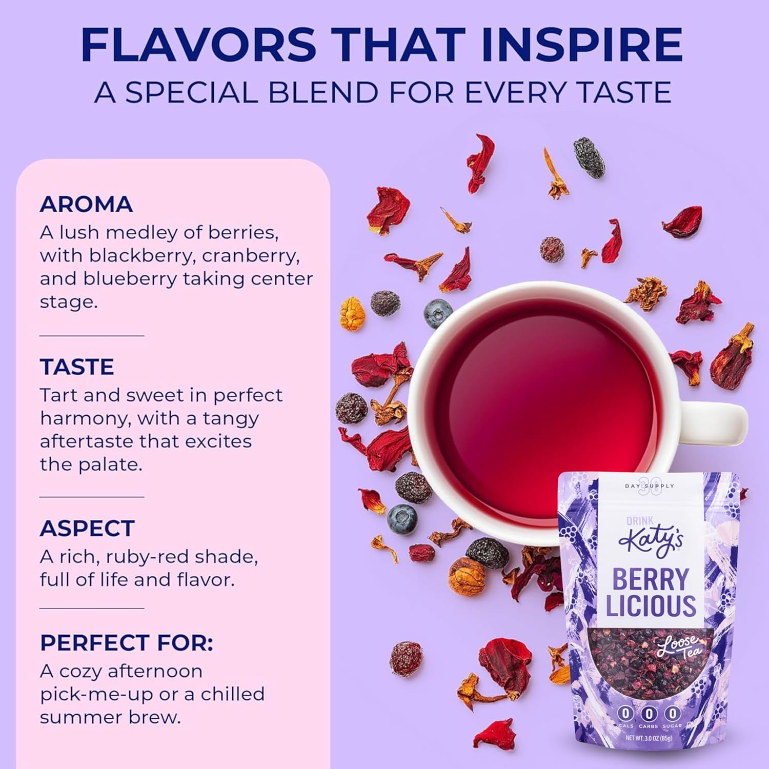 Katy’s Loose Leaf Tea Flavor Sampler - Fruit Herbal Tea Variety Pack - Berry, Peach, Blood Orange & Dragonfruit - Caffeine-Free, Full Leaf Tea - Cold Brew or Hot - 120+ Cups