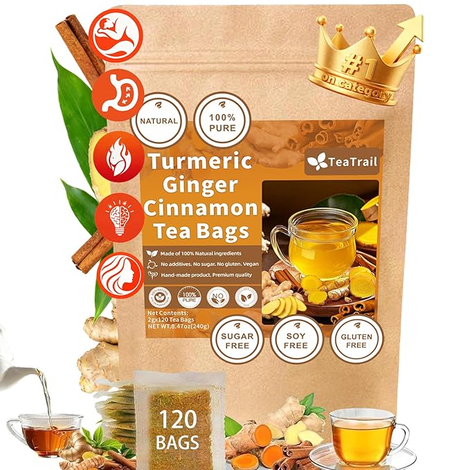 120 Bags Premium Turmeric Ginger Cinnamon Tea, Improve Digestion, Support Brain, Weight, Skin and Sleep, Eco-Conscious Tea Bags and Premium Natural Ingredients. Turmeric Ginger Herbal Tea. No Sugar, No Caffeine, No Gluten, Vegan.