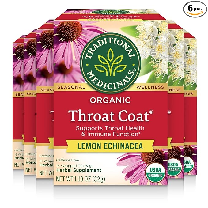 Traditional Medicinals Tea, Organic Throat Coat Lemon Echinacea, Supports Throat Health & Immune Fuction, 96 Tea Bags (6 Pack)