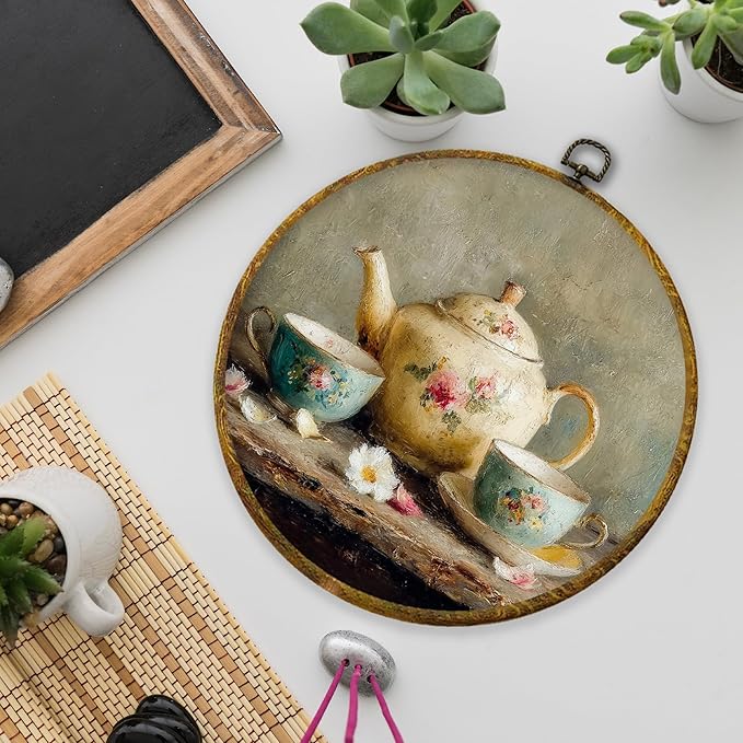 XPH Vintage Kitchen Round Wall Art Framed, Rustic Kitchen Circle Wall Decor, Farmhouse Country Tea Time Floral Teapot Hanging Canvas Prints for Kitchen Home Dining Room Decoration, 10x10 Inch