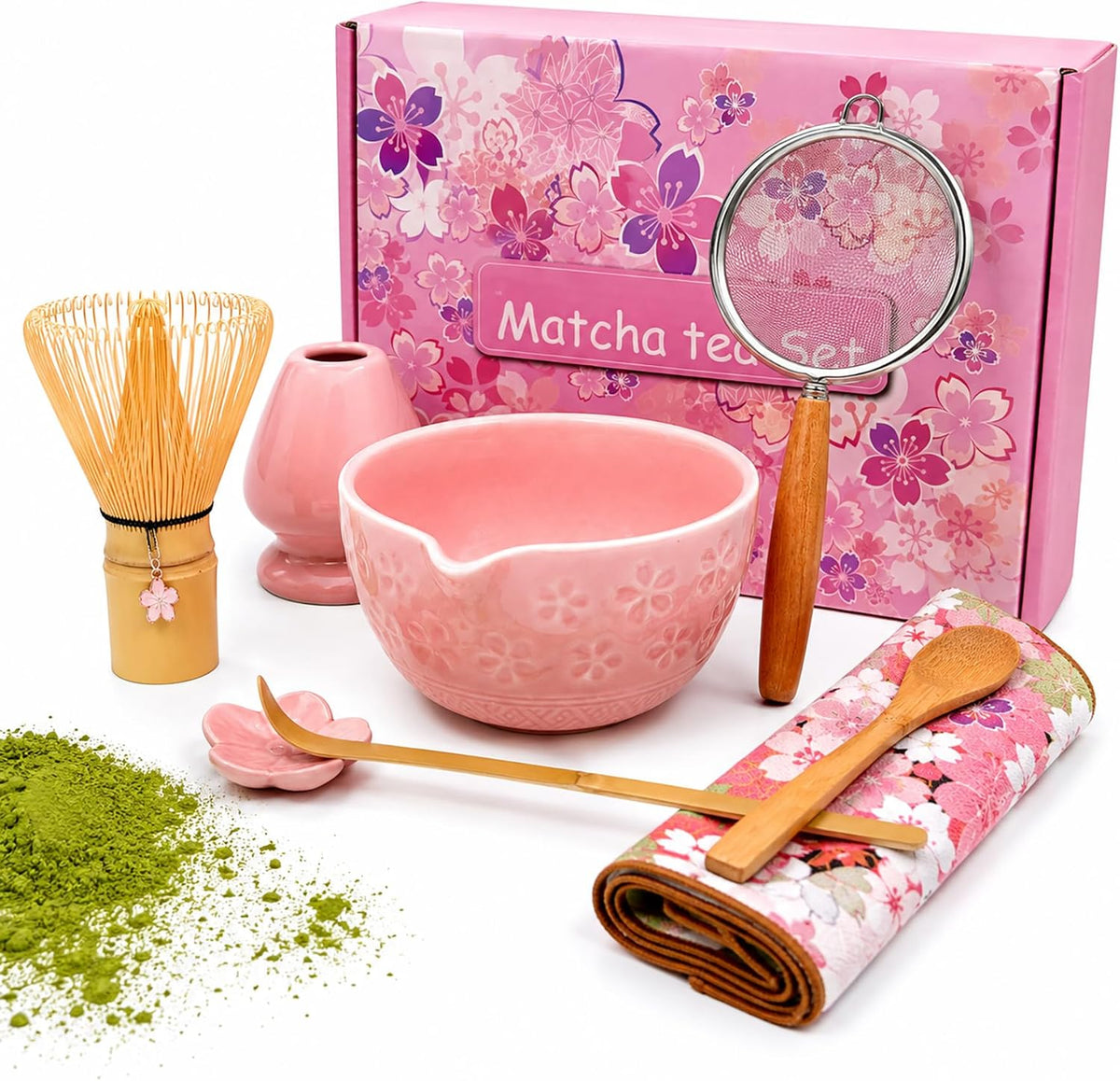 Sakura Matcha Whisk Set, 8 PCS Japanese-Style Matcha Kit with Cherry Blossom Matcha Bowl, Bamboo Whisk &amp; Holder, Scoop, Spoon Rest, Wooden-Handle Sifter &amp; Gift Box for Matcha Lovers (Pink)