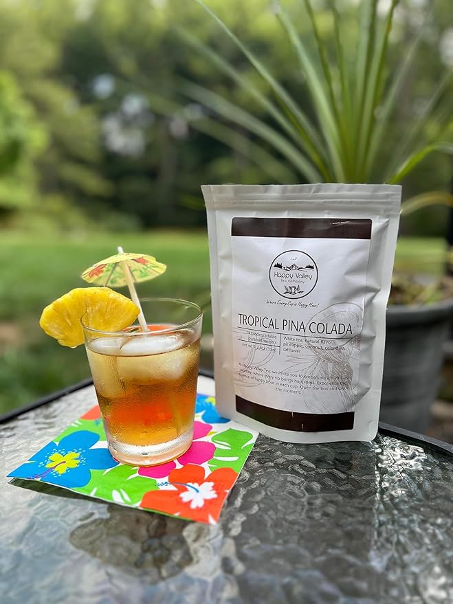 Tropical Pina Colada White Tea Blend by Happy Valley Tea Company – 14- Satchel – Cocktail-Inspired – Enjoy it HOT, Iced, or Mocktail. Coconut