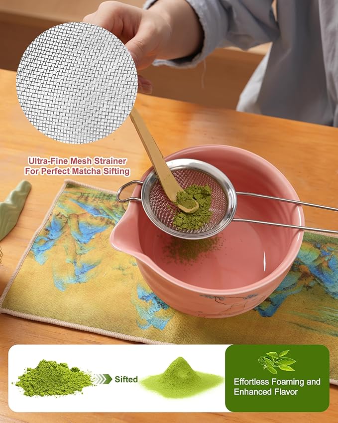 Matcha Set - Japanese Matcha Kit Set 7-Pcs: Ceramic Bowl (Chawan), Matcha Whisk and Holder, Bamboo Scoop, Scoop Rest, Sifter and Towel