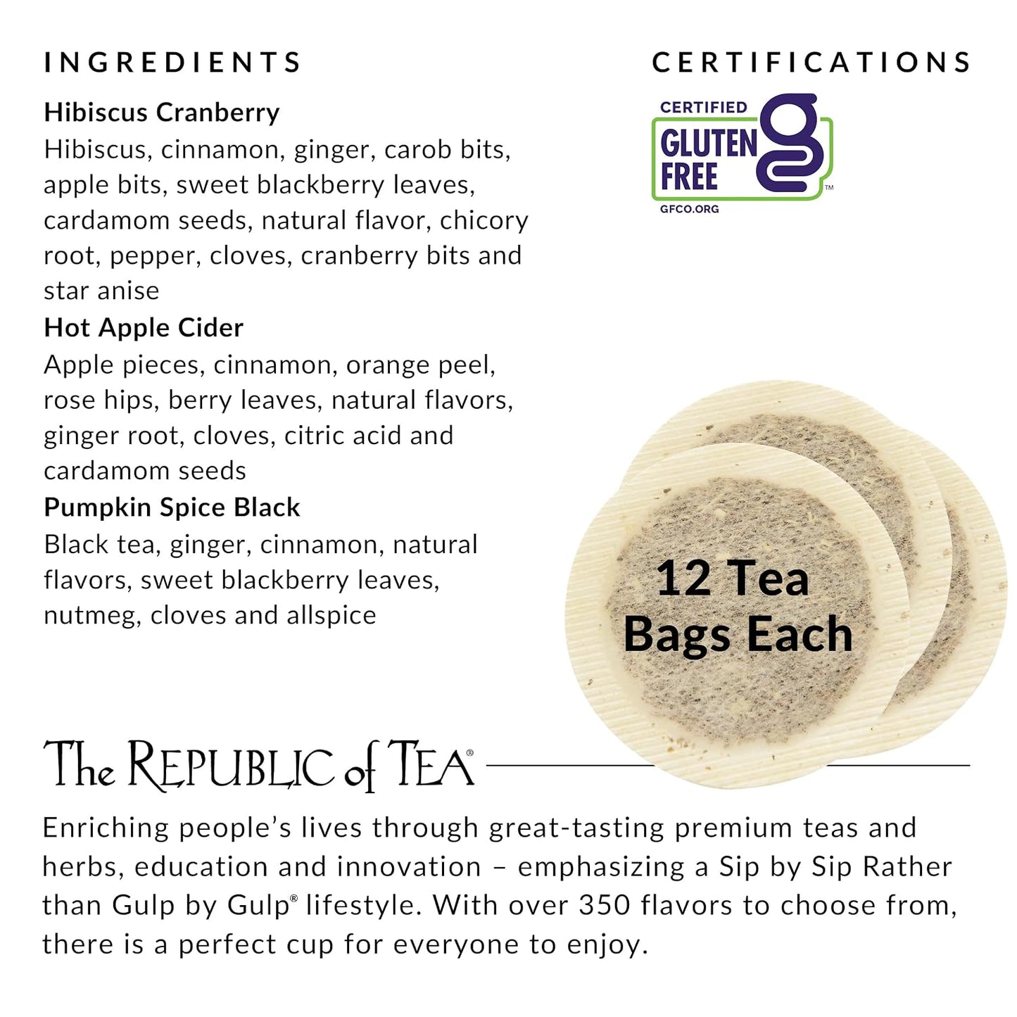 The Republic of Tea Harvest Stackable Tea Sampler, 36 Count | Three fall teas: Hibiscus Cranberry, Hot Apple Cider and Pumpkin Spice. 12 tea bags of each variety.