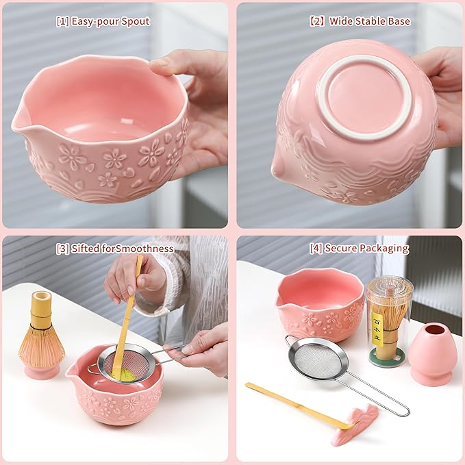 Matcha Whisk Set - 6Pcs Matcha kit matcha set Includes Ceramic Matcha Bowl Bamboo Matcha Whisk+ Holder, Bamboo Scoop& Scoop Holder, and Stainless Steel Sifter matcha set kit for Matcha Lovers (Pink)