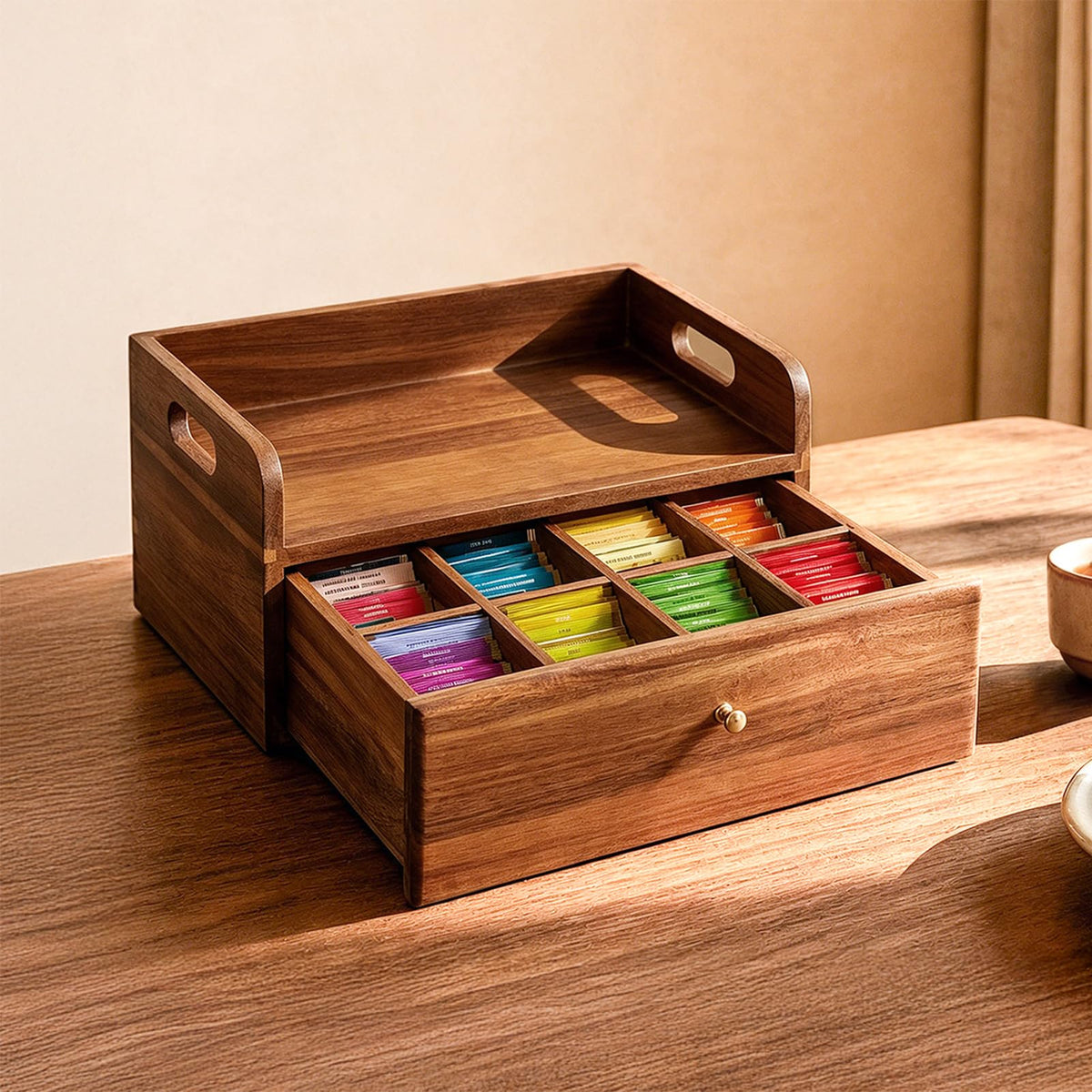 SARUFO Acacia Wood Tea Bag Organizer with Drawer - Tea Station Chest and Storage Box, Coffee and Teabag Holder with 8