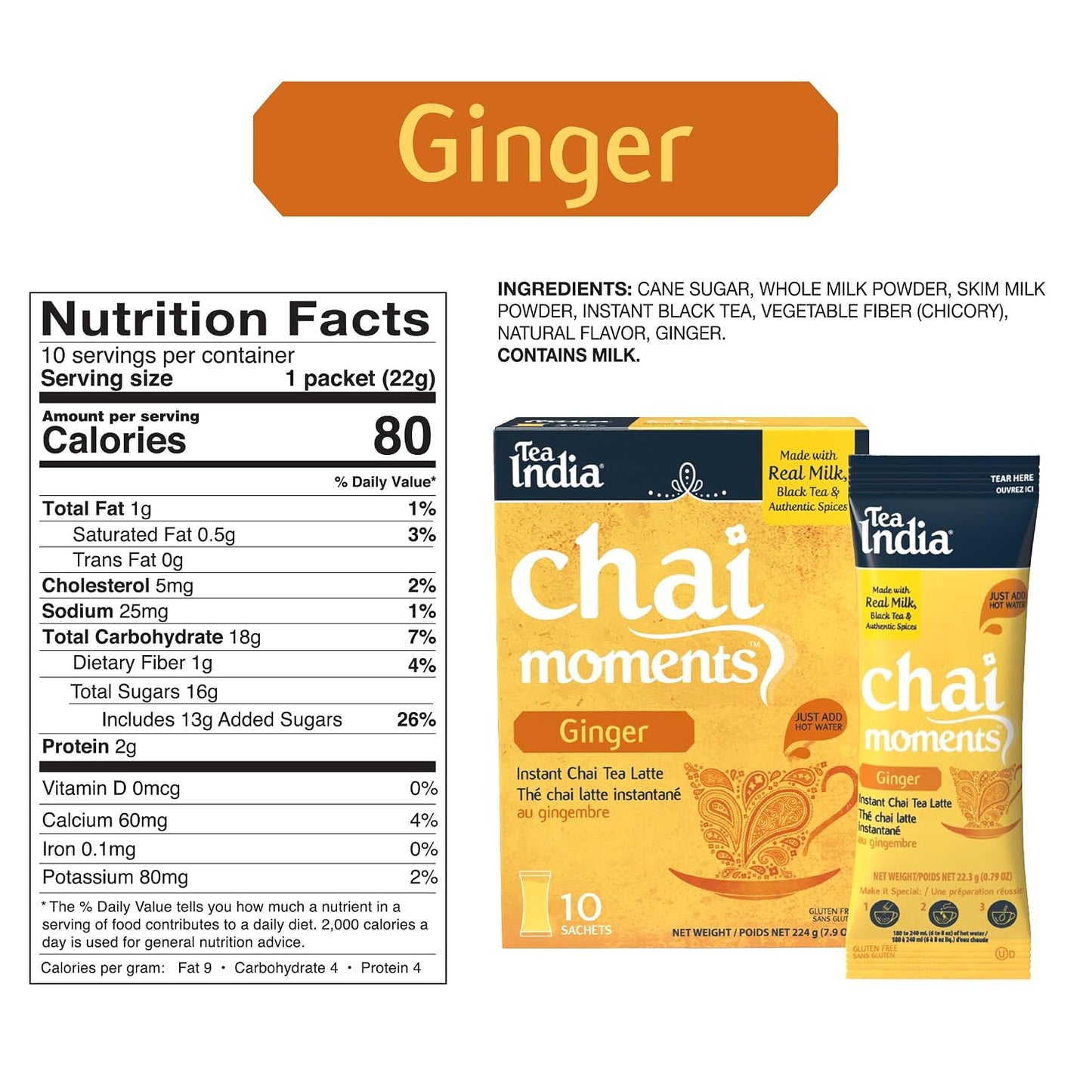 Tea India Chai Moments Ginger Chai Instant Latte Powder, 10 Packets | Creamy chai latte, milk powder added | Real black tea + bold spice blend | Just add hot water | 10 on-the-go packets