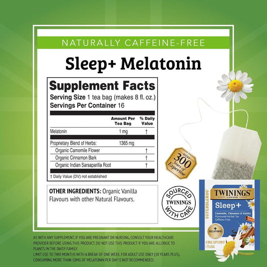 Twinings Sleep+ Camomile with Melatonin Herbal Tea Bags, 16 CT Box (6 Pack) | 1mg Melatonin Added to Camomile, Cinnamon &amp; Vanilla to Make Bedtime Better, Caffeine-Free, 96 Individually Wrapped Tea Bags