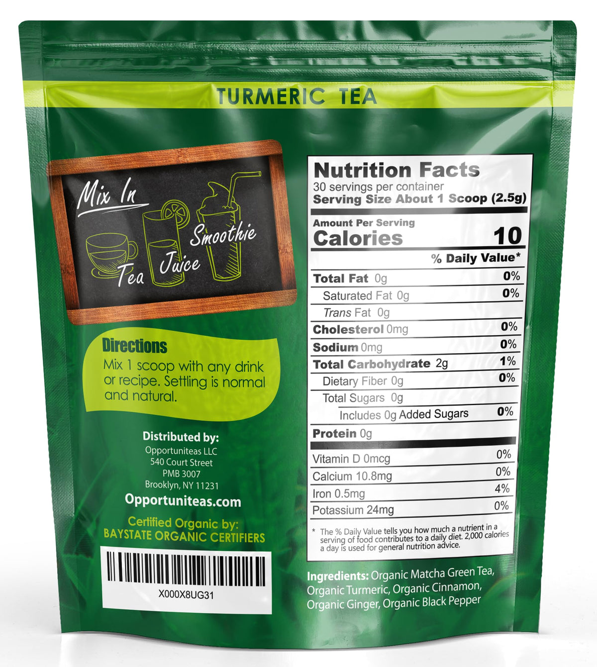 Opportuniteas Organic Matcha Turmeric Tea Powder - 30 Servings