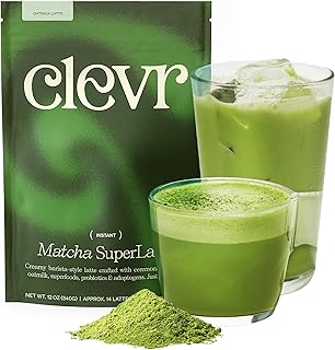 Clevr Matcha SuperLatte, Instant Ceremonial Grade, Superfood Powder Blend with Lions Mane, Reishi Mushroom, Coconut Cream, Ashwagandha, Serve Hot or Iced, (14 Lattes)