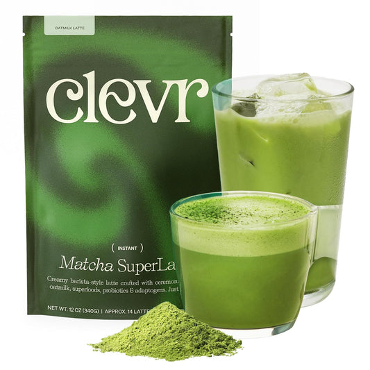 Clevr Matcha SuperLatte, Instant Ceremonial Grade, Superfood Powder Blend with Lions Mane, Reishi Mushroom, Coconut Cream, Ashwagandha