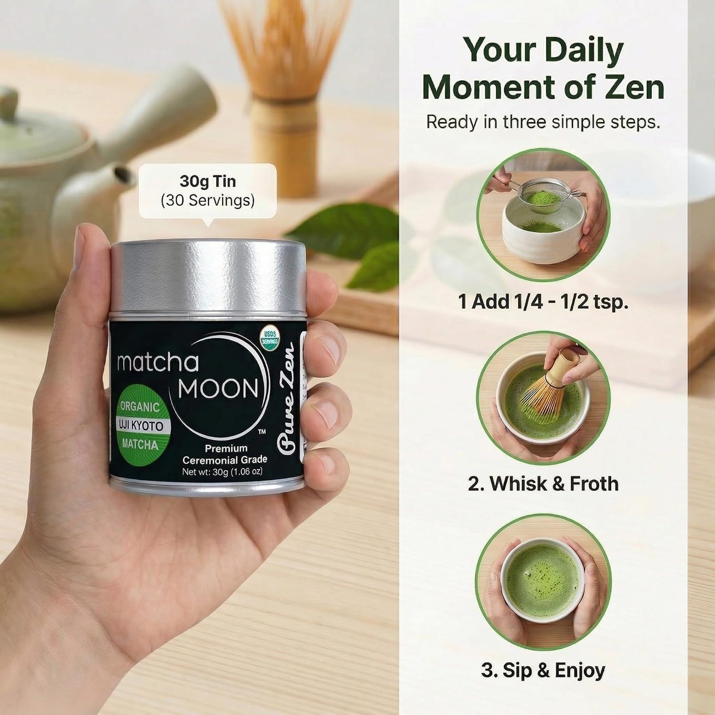 Matcha Moon Pure Zen Ceremonial Grade Matcha Powder, 30g | Premium USDA Organic, Traditional Japanese Green Tea, First Harvest, Uji Kyoto Sourced, Tin