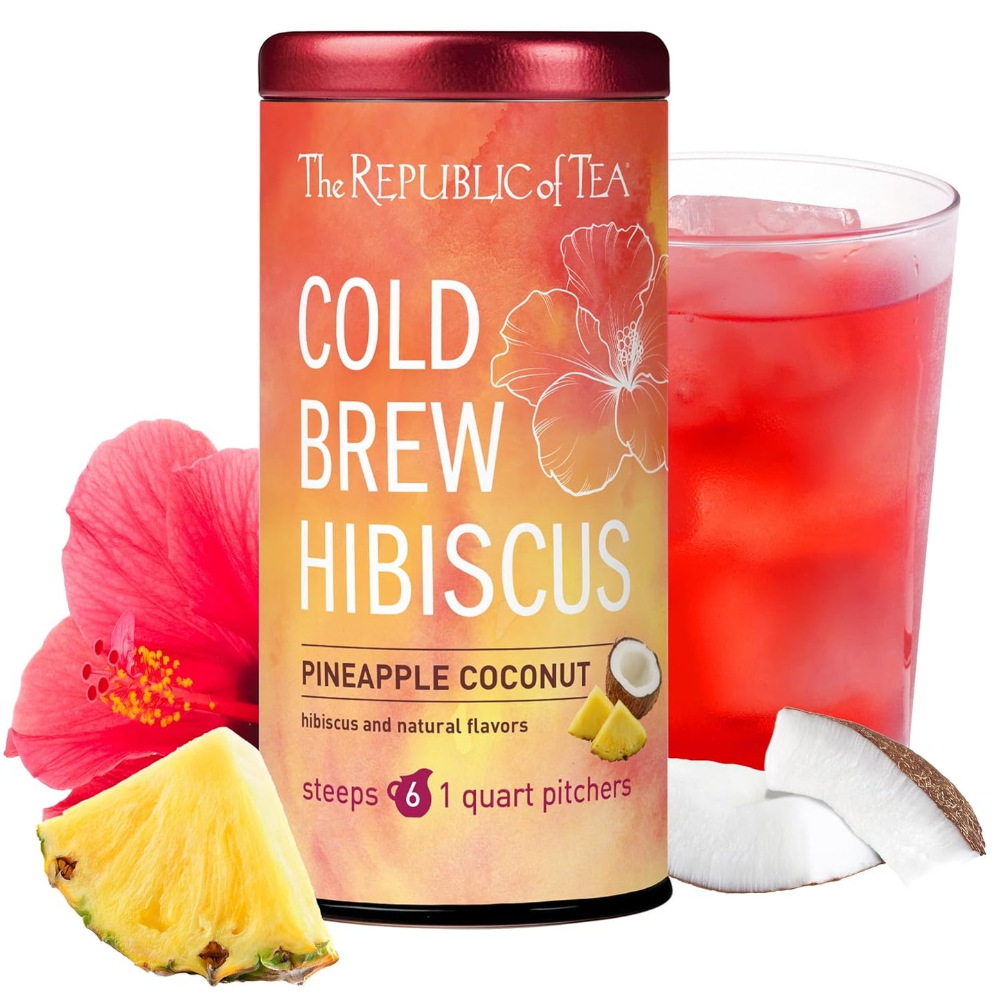 The Republic of Tea Cold Brew Hibiscus Pineapple Coconut Iced Tea, 6 Ct | Herbal Tea, Caffeine Free, Cold Brew Hibiscus with Tropical Pineapple and Coconut Notes