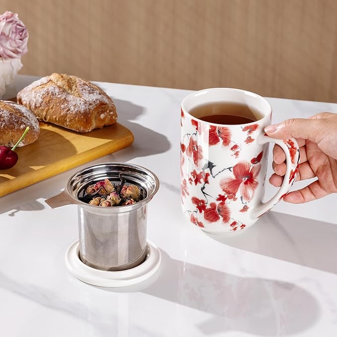 AmorArc Porcelain Tea Mug with Infuser and Lids, 18 Oz Coffee Cup Strainer with Bag Holder for Loose Leaf Tea
