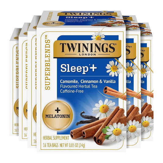 Twinings Sleep+ Camomile with Melatonin Herbal Tea Bags, 16 CT Box (6 Pack) | 1mg Melatonin Added to Camomile, Cinnamon &amp; Vanilla to Make Bedtime Better, Caffeine-Free, 96 Individually Wrapped Tea Bags