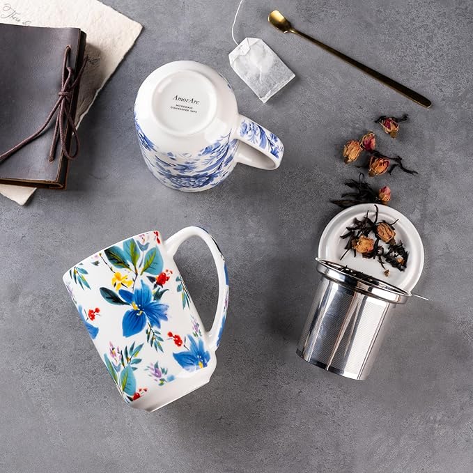 AmorArc Porcelain Tea Mug with Infuser and Lids, 18 Oz Coffee Cup Strainer with Bag Holder for Loose Leaf Tea