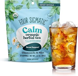 Four Sigmatic Calm Organic Herbal Tea | Stress Relief Tea with Ashwagandha & Reishi | Instant Adaptogenic Drink for Relaxation | Vegan, Gluten-Free | Chamomile & Mint, 24 Servings