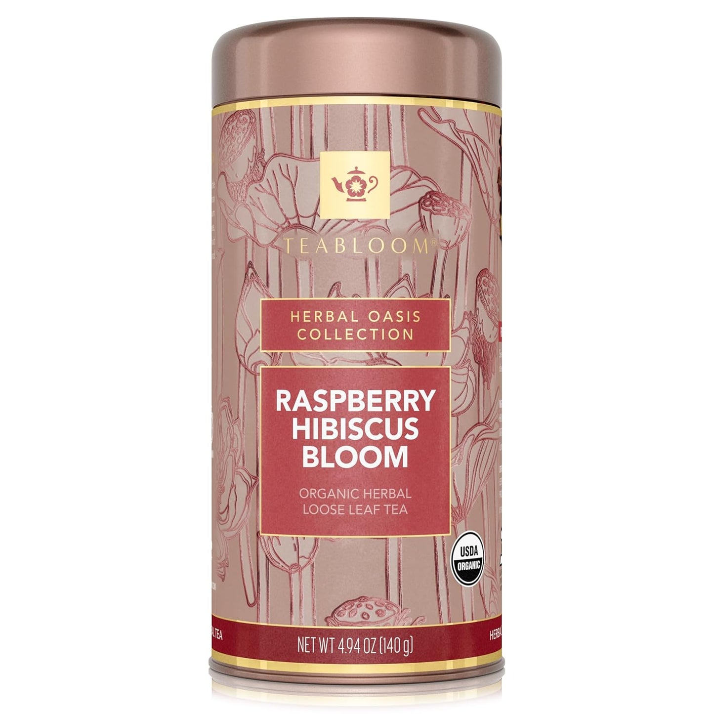 Teabloom Organic Herbal Tea, Raspberry Hibiscus Bloom Loose Leaf Tea, Fragrant and Fruity with Natural Berries, USDA and EU Certified Organic, Fresh Whole Leaf Blend in Reusable Gift Canister, 4.94 oz/140 g Canister Makes 35-50 Cups