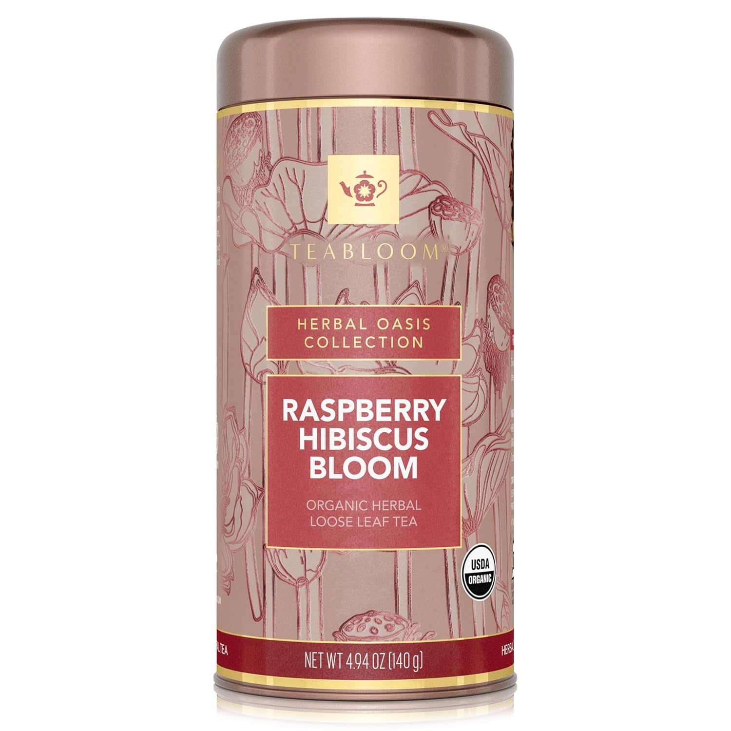 Teabloom Organic Herbal Tea, Raspberry Hibiscus Bloom Loose Leaf Tea, Fragrant and Fruity with Natural Berries, USDA and EU Certified Organic, Fresh Whole Leaf Blend in Reusable Gift Canister, 4.94 oz/140 g Canister Makes 35-50 Cups