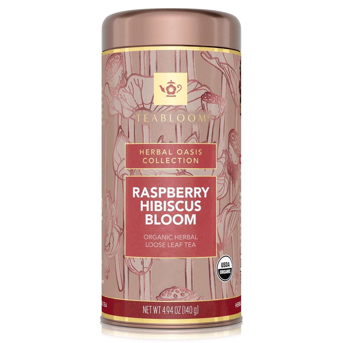 Teabloom Organic Herbal Tea, Raspberry Hibiscus Bloom Loose Leaf Tea, Fragrant and Fruity with Natural Berries, USDA and EU Certified Organic, Fresh Whole Leaf Blend in Reusable Gift Canister, 4.94 oz/140 g Canister Makes 35-50 Cups