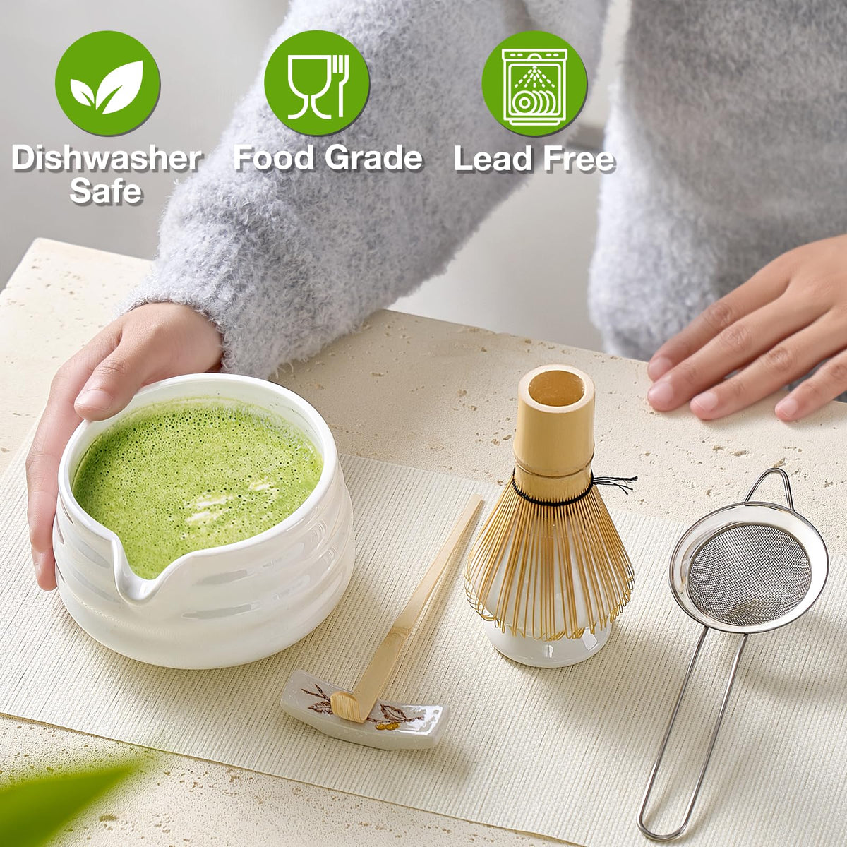 Mfacoy Matcha Whisk Set, Japanese Tea Set (5pcs) includes Matcha Bowl with Spout (19 oz), Bamboo Whisk and Matcha Scoop