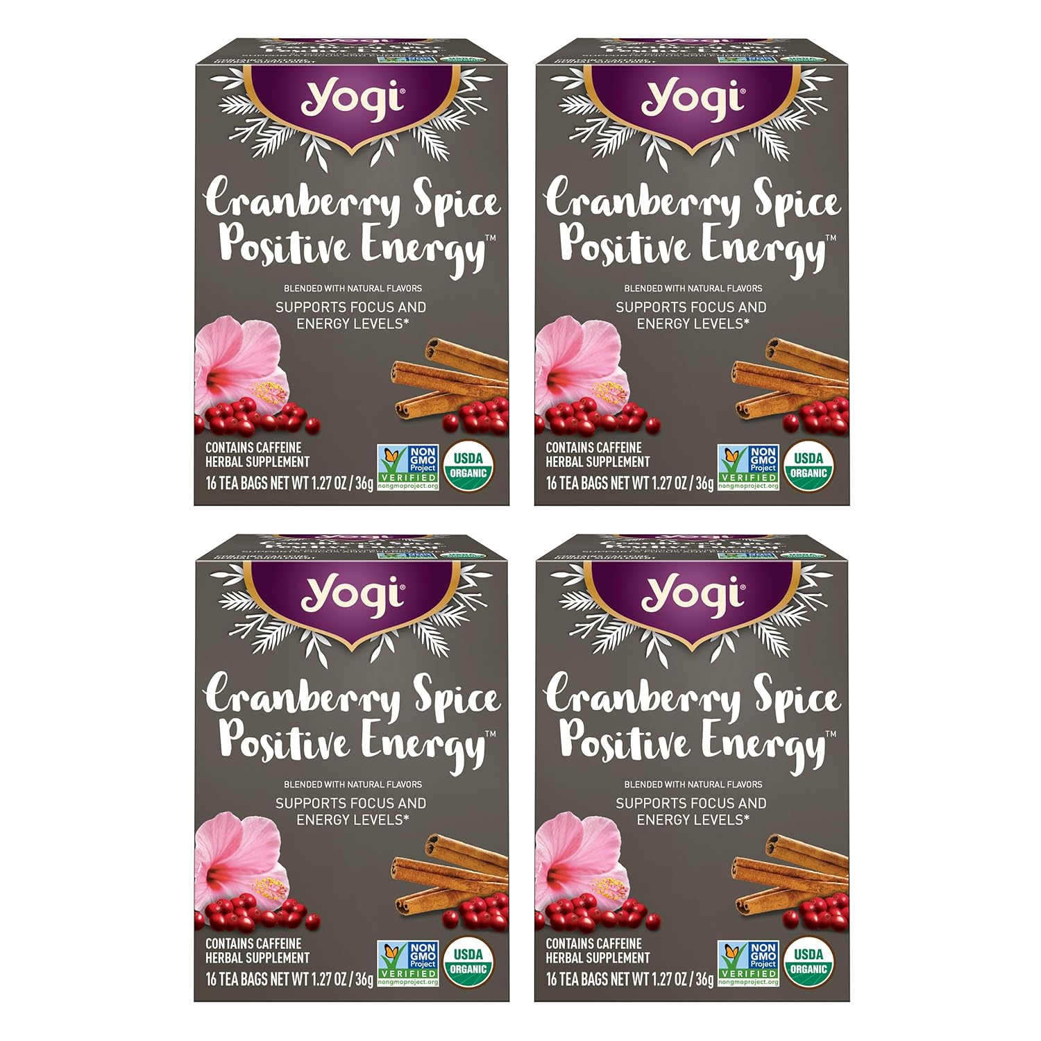 Yogi Tea Cranberry Spice Positive Energy - Organic Puerh Tea - Supports Focus & Energy - Caffeinated - Includes Cinnamon, Ginger & More - 16 Tea Bags Per Pack (4 Packs)