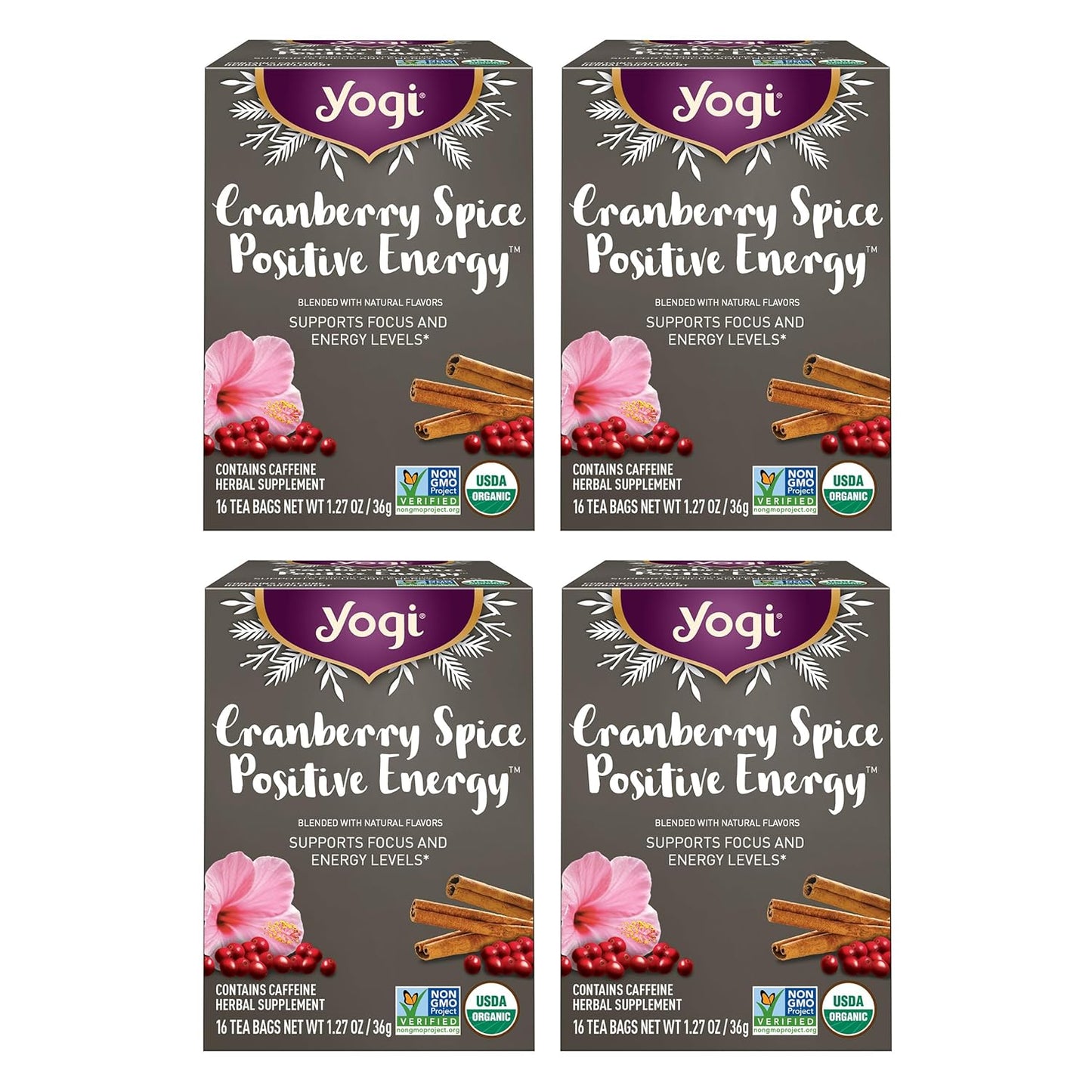 Yogi Organic Cranberry Spice Positive Energy Tea, 1.27 oz | Caffeinated Holiday Blend with Puerh Tea, Ginger, Cranberry and Hibiscus to Support Focus and Physical Energy