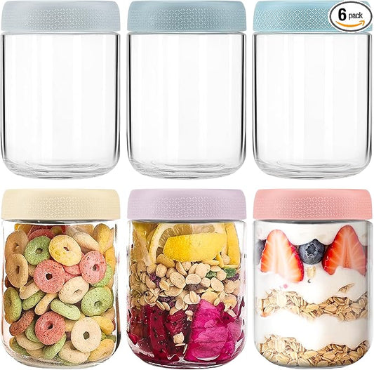 6-pack Overnight Oats Containers with Lids, 16oz Clear Glass Jars with Airtight Lids, Wide mouth Mason Jars, Food Storage Containers for Meal Prep Chia Spice Cereal Snacks Yogurt Salad Pudding Sugar