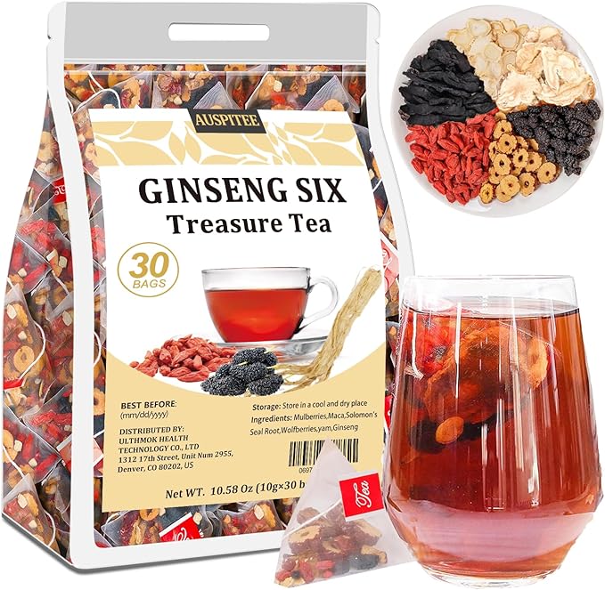 Ginseng Six Treasures Tea, 30Bags/10.58Oz, Traditional Chinese Tea, Natural Herbal Tea for Men Women, 6 Precious Ingredients Formula