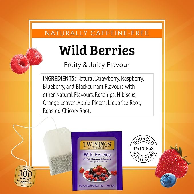 Twinings Wild Berries Herbal Tea Individually Wrapped Bags, 20 Count (Pack of 2), Full-Flavoured, Naturally Caffeine-Free, Enjoy Hot or Iced