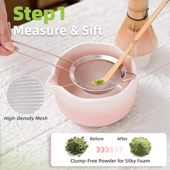 Pink Matcha Kit, 6 Pcs Pink Matcha Whisk Set, Christmas Gift, Matcha Bowl with Spout(18 OZ) & Macha Whisk and Holder, Matcha Bowl and Whisk set