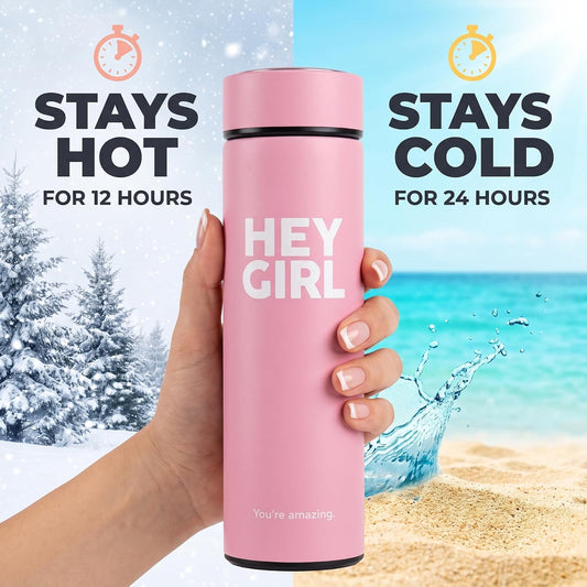 Hey Girl Tea Infuser Bottle 450ml - Insulated Stainless Steel Water Bottle - Tea Tumbler with Tea Diffuser - Portable Travel Mug for Loose Leaf Tea &amp; Infused Water - Tea Lovers Gifts for Women (Pink)