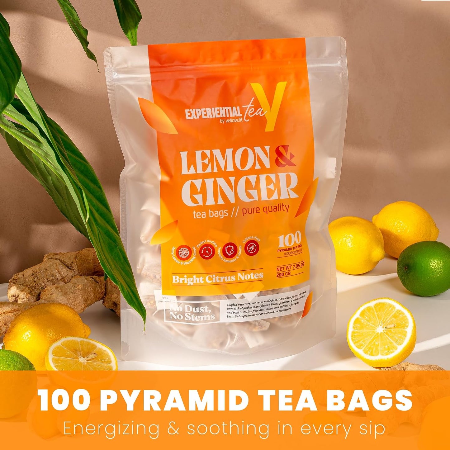 Yellow.fit Ginger Lemon Herbal Tea Bags – 1500mg Loose Leaf Tea Bags, Caffeine-Free Herbal Tea with Ginger Root &amp; Lemon Peel, Plant-Based Tea Bags, 100 Count