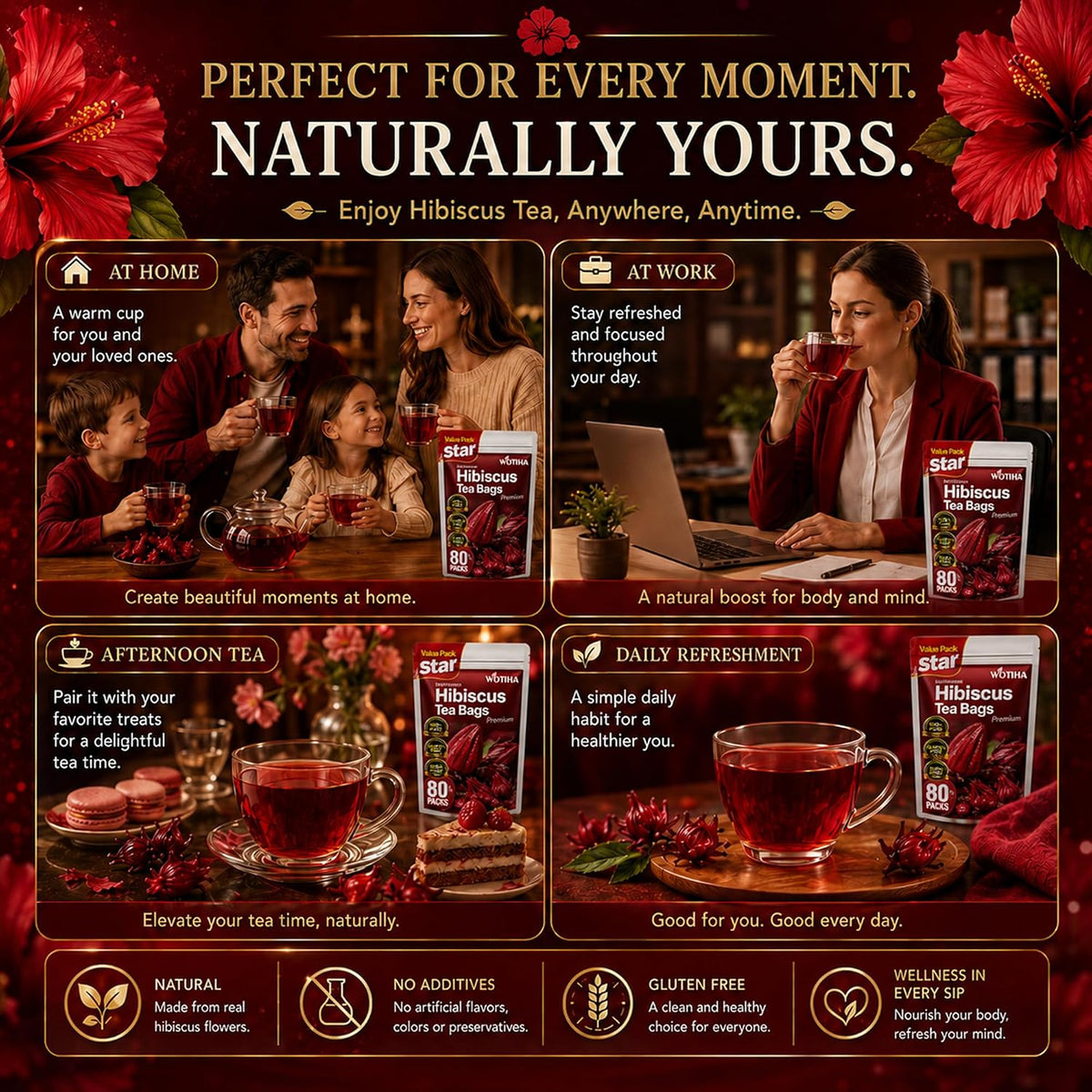 WOTIHA Premium 80 Hibiscus Flower Tea Bags (Flor de Jamaica) - 100% Natural, Tart &amp; Refreshing, Hot or Ice Tea - Rich in Antioxidants, Sugar-Free Caffeine-Free Non-GMO Vegan Gluten-Free.
