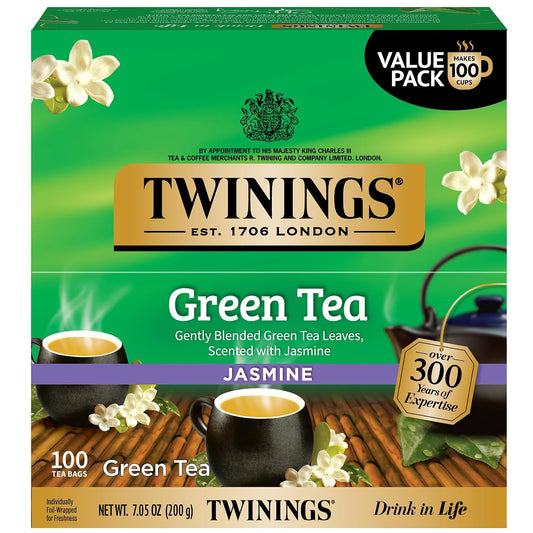 Twinings Green Tea with Jasmine, Caffeinated, Tea Bags, 100 CT Box (1 Pack) | Floral Scented with Jasmine Blossoms, Naturally Caffeinated, 100 Foil Lined Individually Wrapped Bags, Enjoy Hot or Iced