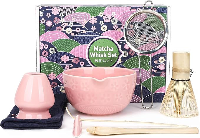 Matcha Whisk Set Pink, 8Pcs Matcha Set Kit include Matcha Bowl, Matcha Whisk and Holder, Bamboo Scoop, Scoop Rest, Sifter and Tea Towel